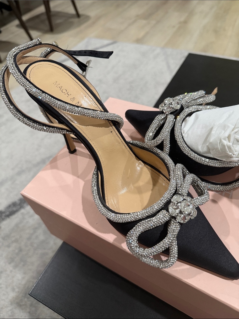 MACH & MACH Black Satin Crystal-Embellished Pointed Slingback Heels